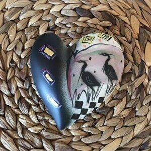 Caroline Koons Art Pottery Ceramic Heart Rattle Cranes Handmade Signed Sculpture